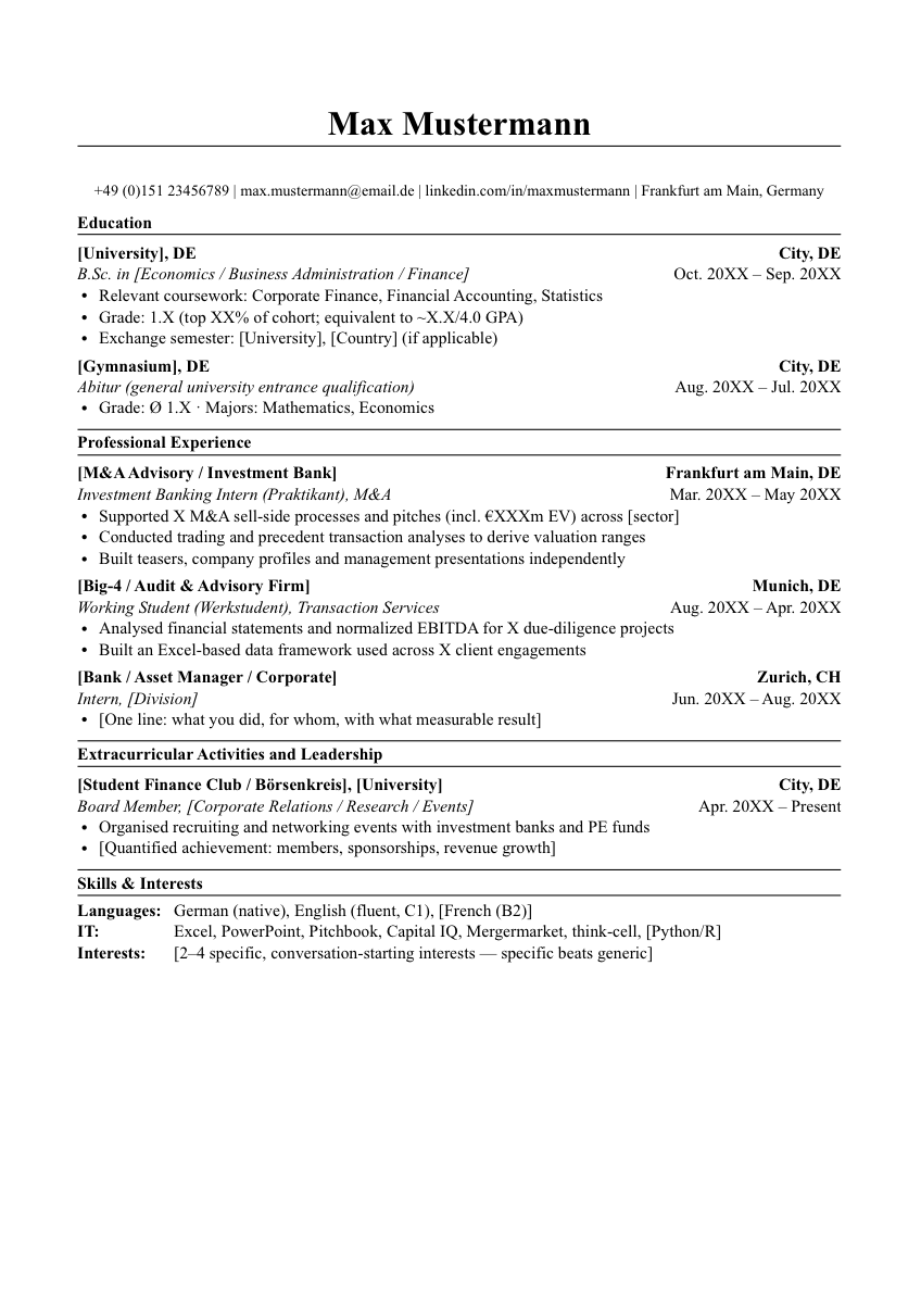 Preview of the Internship Monitor CV template: single-page banker format with Education, Professional Experience, Extracurricular and Skills sections